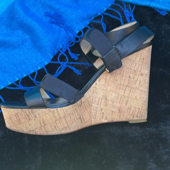 Coach Charla Wedges Black Leather Signature Fabric Platform Cork Sandals Size 8 - Picture 4 of 7